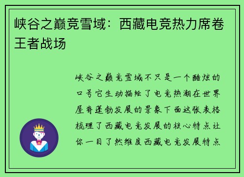 峡谷之巅竞雪域：西藏电竞热力席卷王者战场